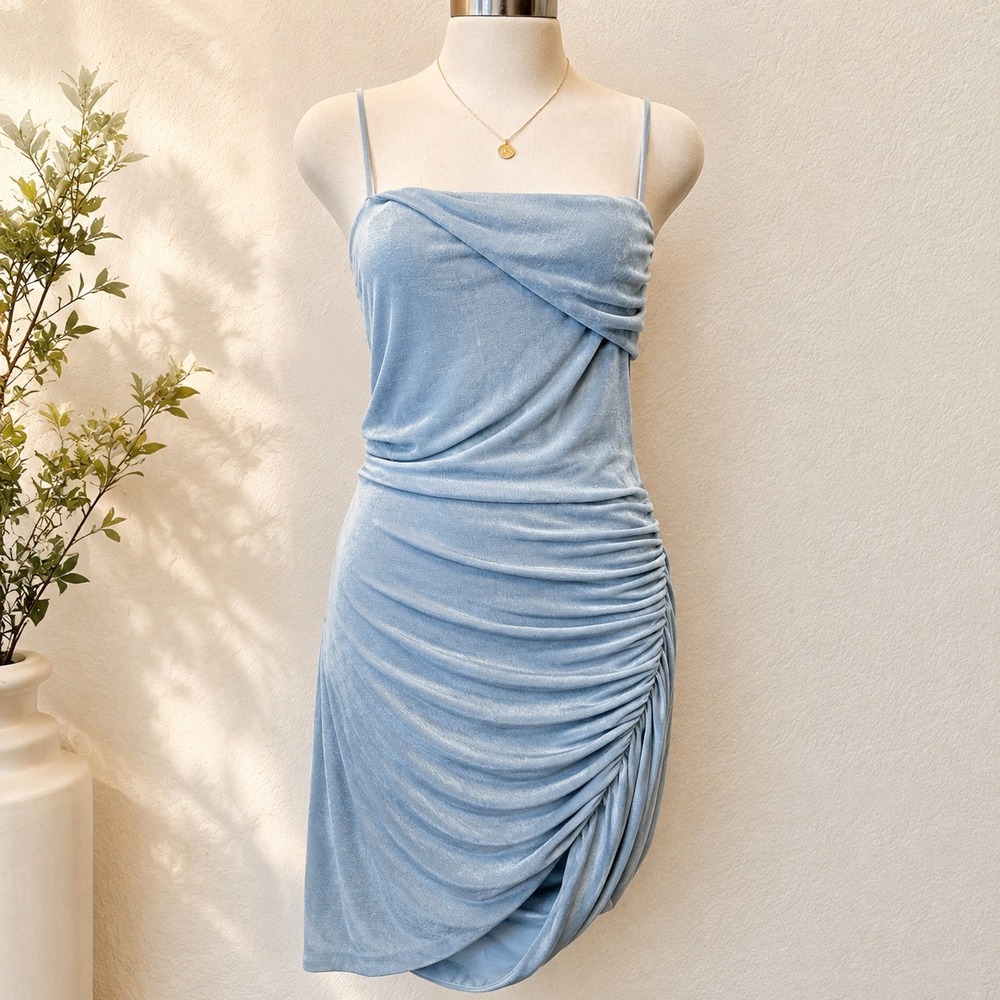 Misha Baillie Mini Dress Blue Ruched Asymmetrical Size 4 Spaghetti Strap